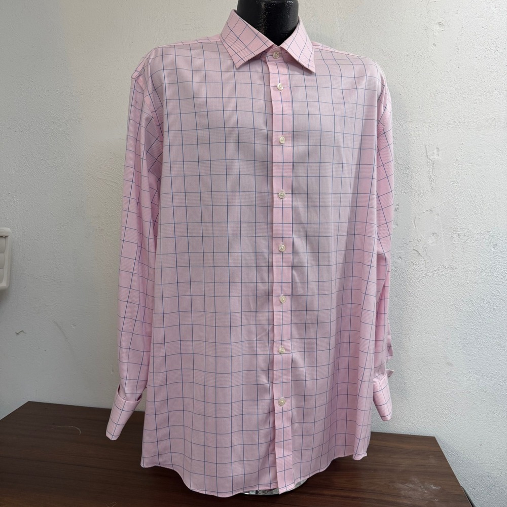 Charles Tyrwhitt Dress Shirt 17.5 34 Pink Plaid Non Iron French Cuff Classic Fit